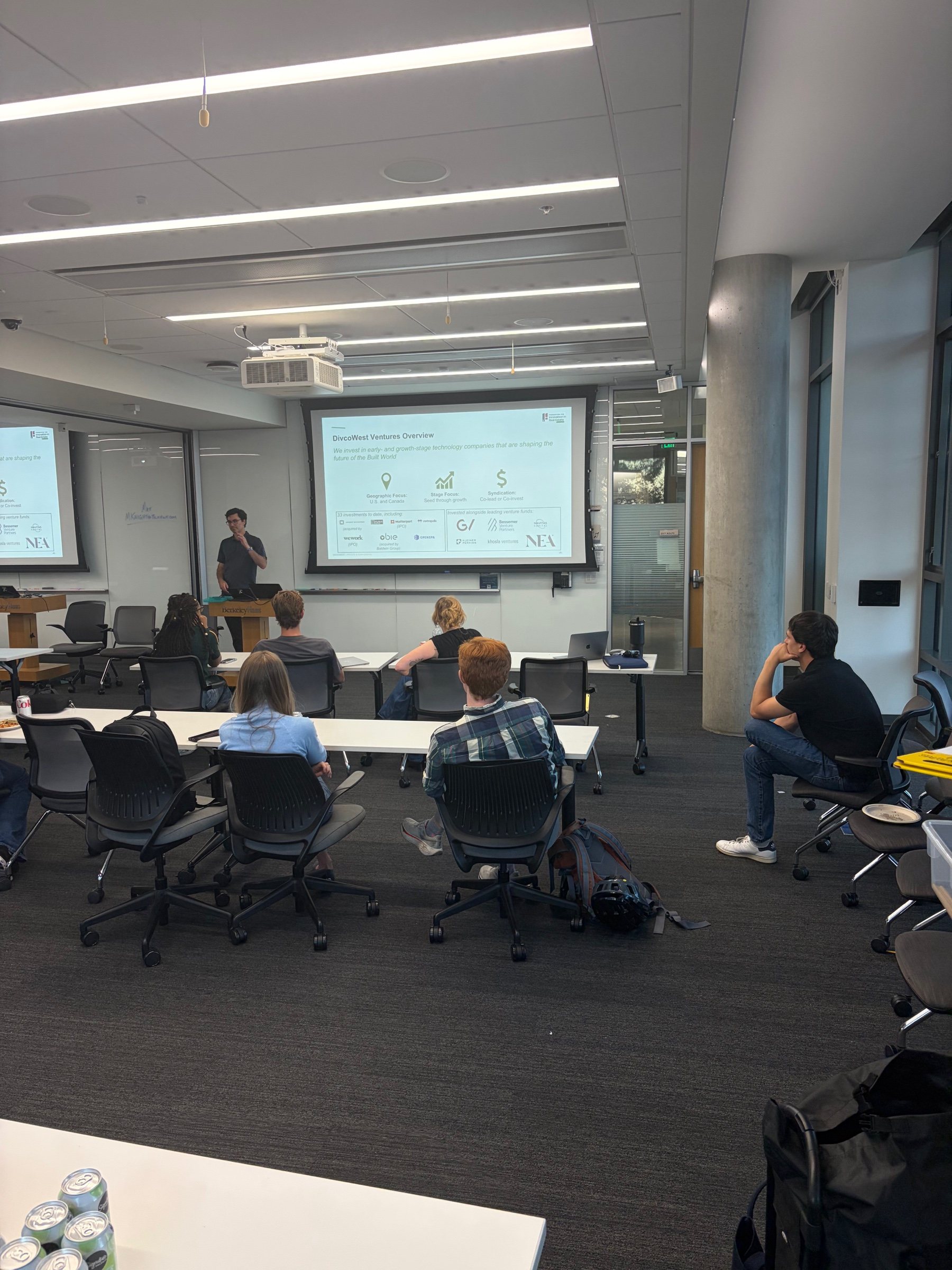 A DivcoWest Ventures guest speaker presenting to students at Berkeley Haas